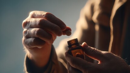 A close-up of a person’s hands, focusing on a man preparing to take a pill from a brown medicine bottle.