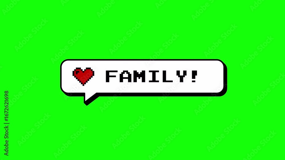 Poster family! text in a neubrutalism style comment balloon with an 8-bits pixel art heart. retro video gam