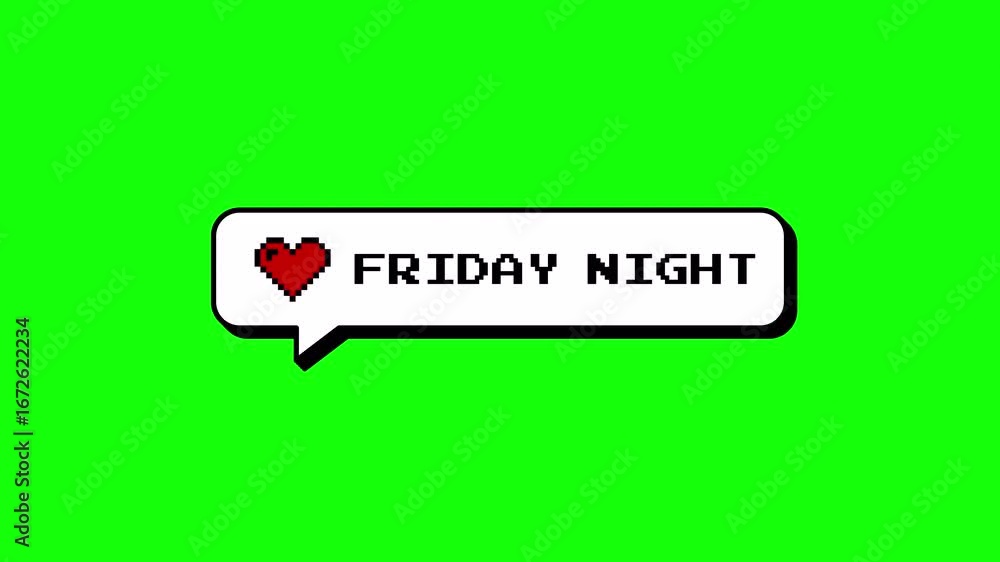 Poster friday night text in a comment balloon. features neubrutalism style, 8-bits pixel art aesthetic. ren