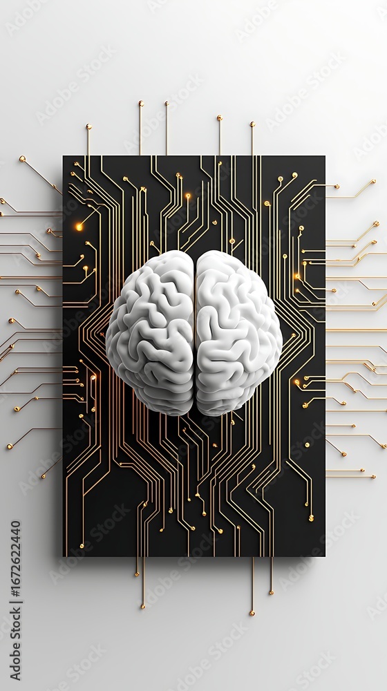 Poster brain and technology fusion concept with circuitry and connections synthetic robotics cognition