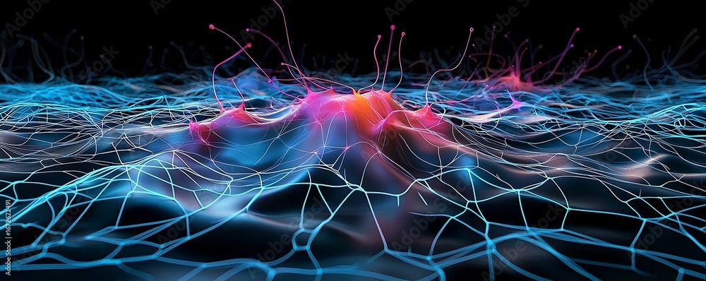 Aufkleber colorful abstract waves with bright digital network elements synthetic robotics cognition