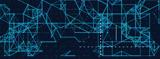 Abstract geometric vector tech background with interconnected lines and shapes.