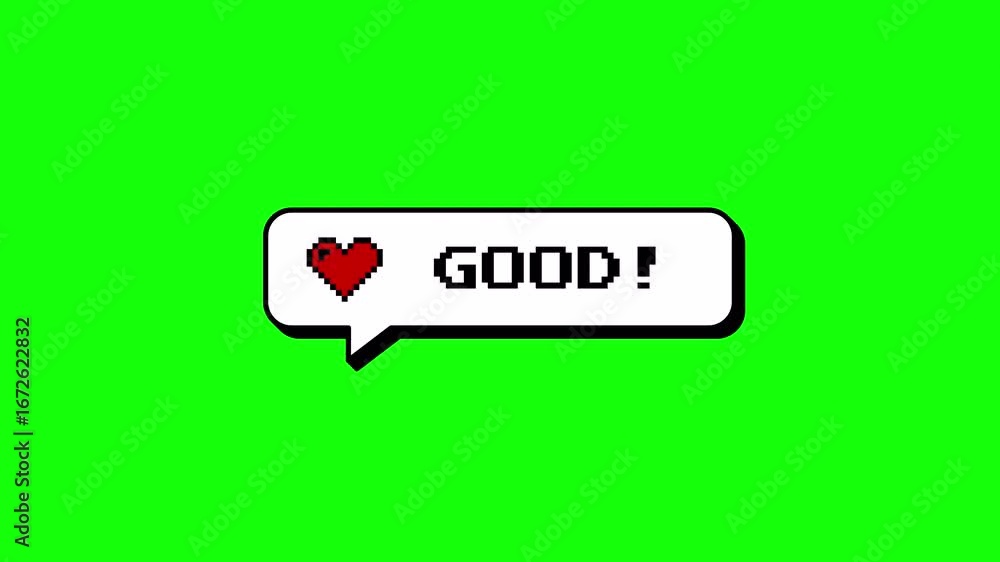 Fototapete animated comment balloon with the word good and a heart icon. 8-bit pixel art style with a neubrutal