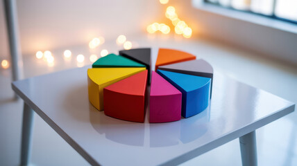 Fototapeta premium Colorful wooden pie chart with eight segments on a table with bokeh lights in the background