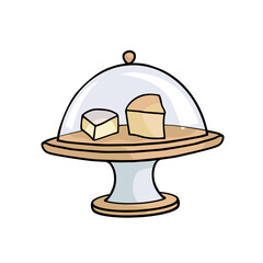 cheese pieces on serving stand under glass lid hand-drawn vector illustration