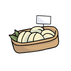 basket with soft round cheeses hand-drawn vector illustration