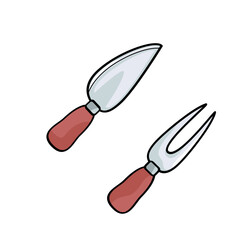 Cheese knife and fork on white background hand-drawn vector illustration