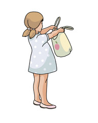 standing small girl with reusable shopping bag on white background hand-drawn vector illustration