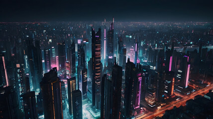 Futuristic city skyline with towering skyscrapers and glowing neon lights in a dystopian cyberpunk urban landscape at night