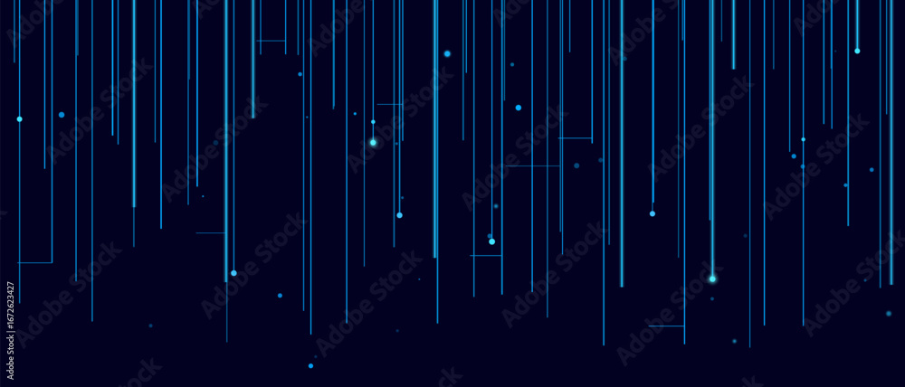 Poster abstract vector tech background with vertical lines and dots in dark blue theme.