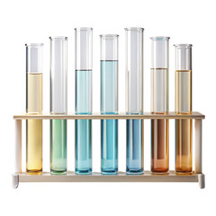 A wooden rack holding seven test tubes filled with liquids of varying colors on a black background created with generated ai