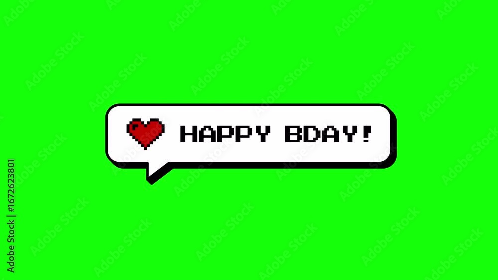 Poster happy bday neubrutalism comment balloon in 8-bits pixel art style. animated pop-up message for celeb