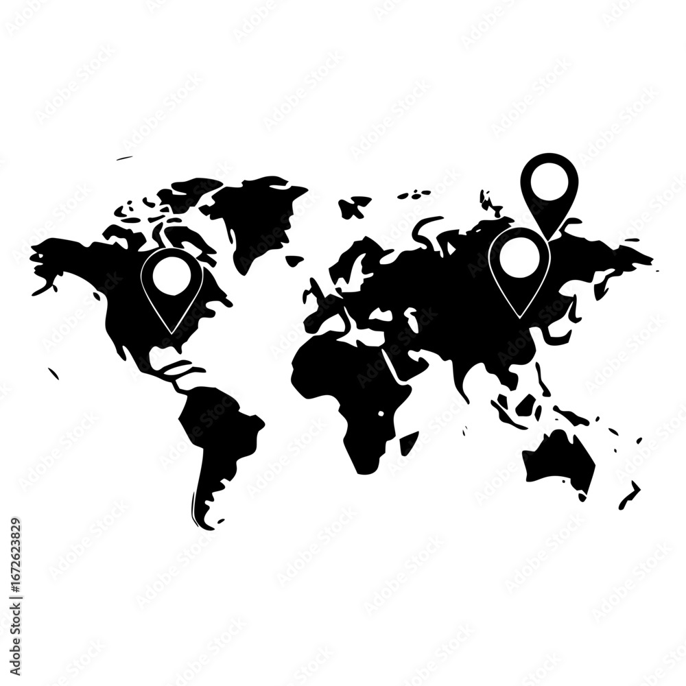 Aufkleber world map with multiple location pins isolated on icon