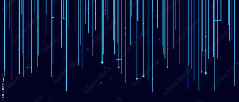 Poster futuristic vector tech background with vertical blue digital lines and dots.