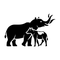 Silhouette of elephant and cow walking together icon