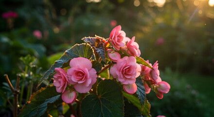Pink Begonia on its bush in a cottage garden, side-lit by dawn's first rays. Lush and tender
