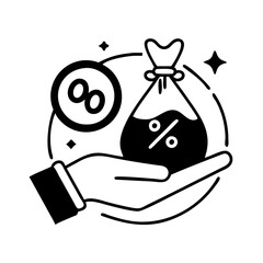 Hand holding money bag with percentage symbol icon