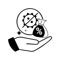 Hand with money bag and virus symbol crossed out icon