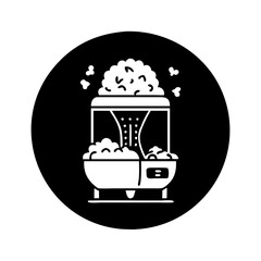 Popcorn machine icon with popcorn flying out, black circle background icon