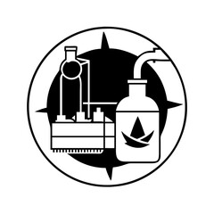 Scientific distillation apparatus in a circle with compass rose icon