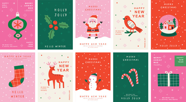 Christmas Minimalist card set - abstract Holidays flyers. Lettering with Christmas and New Year decorative elements. Vector illustration.