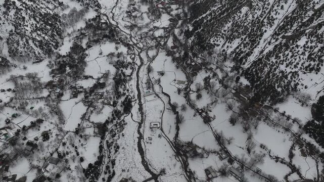Kalash Valley at Winter, Village of Rumbur, Batrik, Bamburet, Aerial Shot. Kalash People Culture, Chitral, Pakistan.