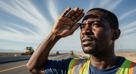 Determined Black Construction Worker Shielding Eyes on Sunny Roadway Project Site