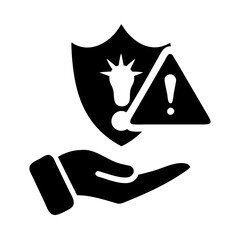 Hand holding a shield with a warning sign and exclamation mark, representing security and risk alert icon