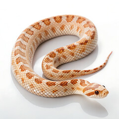 Obraz premium A coiled snake with light tan scales and brown spots on a white background in a studio setting