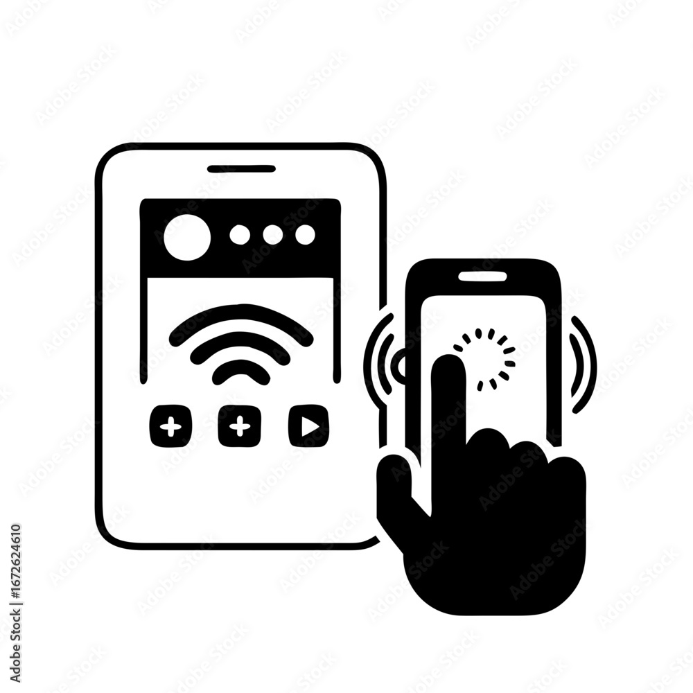 Poster two smartphones showing wifi connection and user interaction with a finger icon