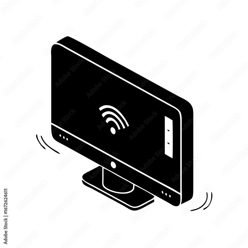 Poster isometric icon of a computer monitor displaying wifi signal and vibrating icon