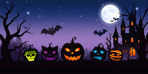 Fototapeta premium Halloween night background with pumpkins and bats