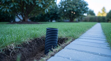 Fototapeta premium Landscape Drainage Black Corrugated Pipe in a Green Lawn with Stone Walkway