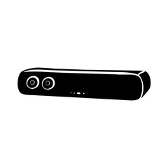 Black soundbar with two circular speakers on a icon