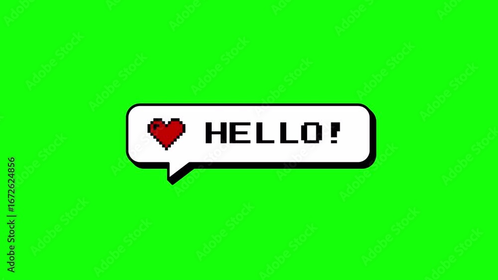 Fototapete animated hello! comment balloon with heart in neubrutalism 8-bits pixel art style. retro gaming pop-