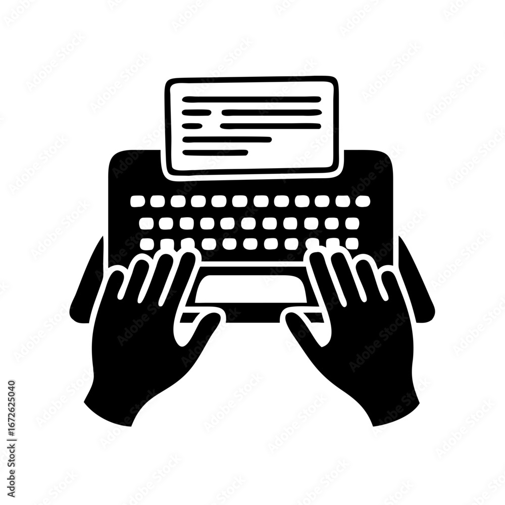 Poster typing on a laptop with hands on keyboard and screen showing text icon