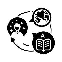 Global communication and learning concept with person, book, and globe icons icon