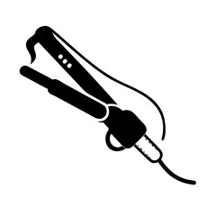 Black and white illustration of a hair straightener with cord icon