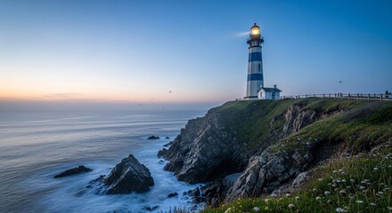 Naklejka premium Striking Coastal Beacon A Lighthouse Stands Guard Against the Sea's Embrace at Dusk
