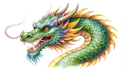 A detailed illustration of a mythical dragon's head and neck, showcasing vibrant colors and intricate scales.