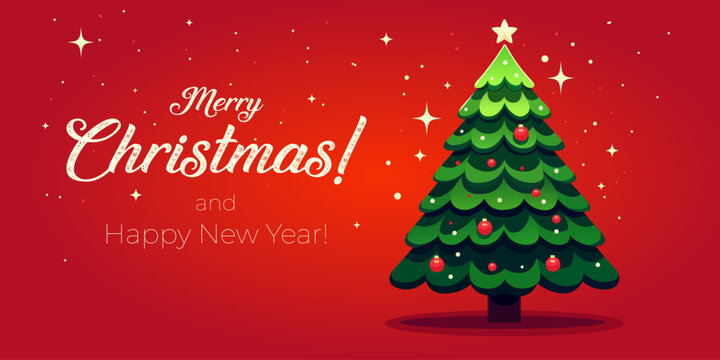 Christmas elegant invitation with Christmas tree. Merry Christmas greeting card with Christmas tree. Merry Christmas and Happy New Year banner with Christmas tree on red background design