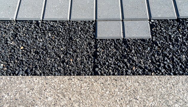 Close up of paving stones with gravel and sand layers for construction.