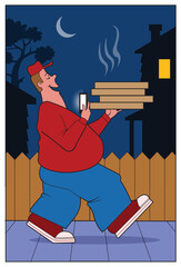 A man delivers pizza at night.
