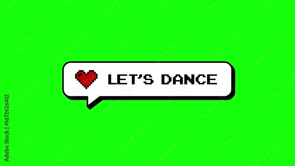 Poster let's dance text in a comment balloon with neubrutalism design. 8-bits pixel art animation of a spee