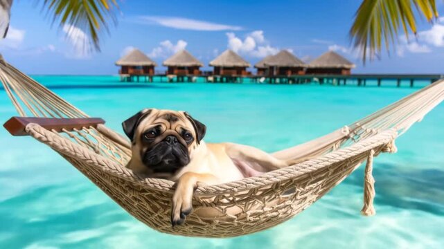 Pug dog relaxing in hammock on tropical beach