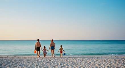 A family of four walking along a sandy beach, enjoying the seaside view