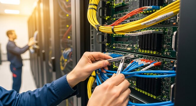 Network Technician Repairing Server Cables in Data Center for Optimal Performance - Powered by Adobe