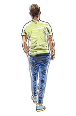 One young modern city man, casual pedestrian walking outdoors,  realistic sketch vector hand drawn illustration on white background