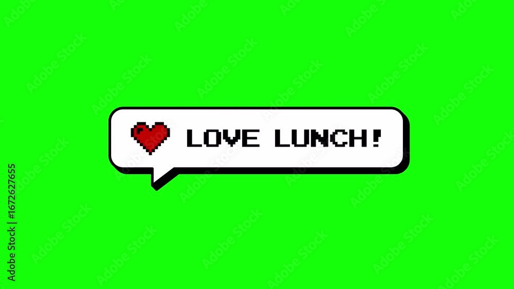 Poster love lunch comment balloon in 8-bit pixel art style. neubrutalism design with a heart icon. animated