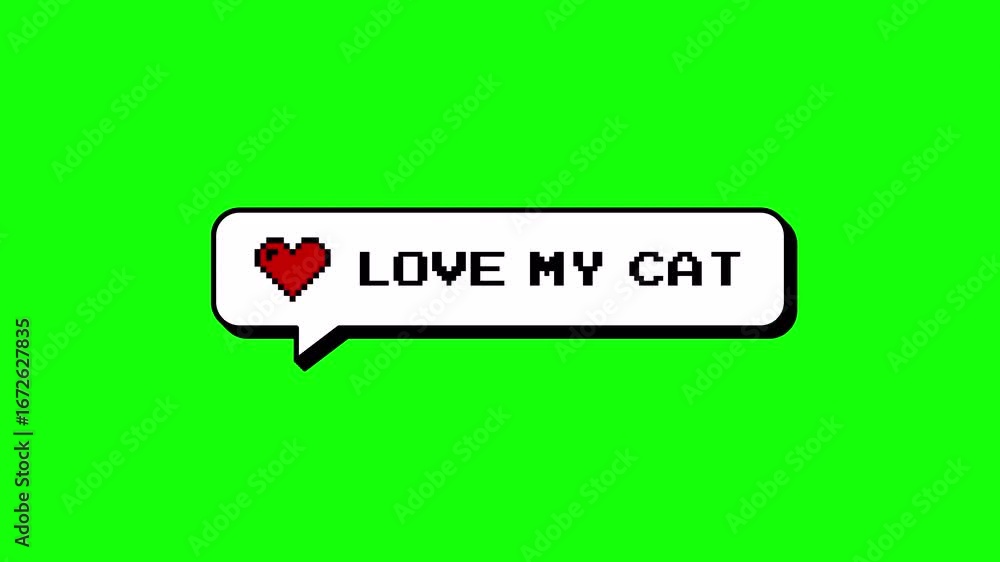 Fototapete love my cat comment balloon in a neubrutalism 8-bit pixel art style. retro gaming message overlay wi